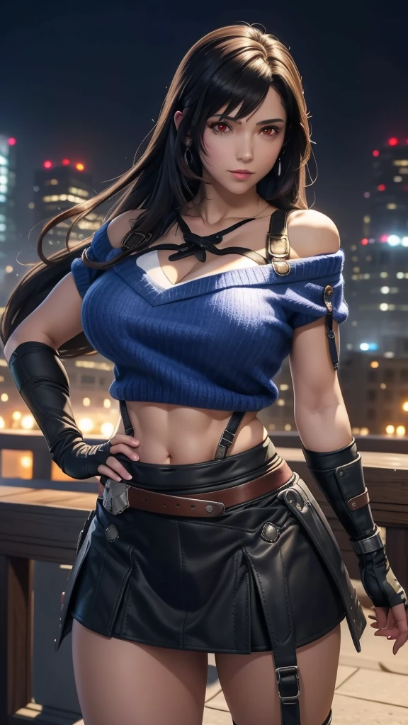 perfect eyes:1.2, detailed eyes:1.4, serious, hand on hip, night, city, metTifa, red eyes, large breasts, low-tied long hair, earrings, cropped sweater, blue sweater, off-shoulder, short sleeves, suspender skirt, elbow gloves, armored legwear, medium full shot, thigh-level shot, 1girl,(masterpiece:1.6, best quality),
