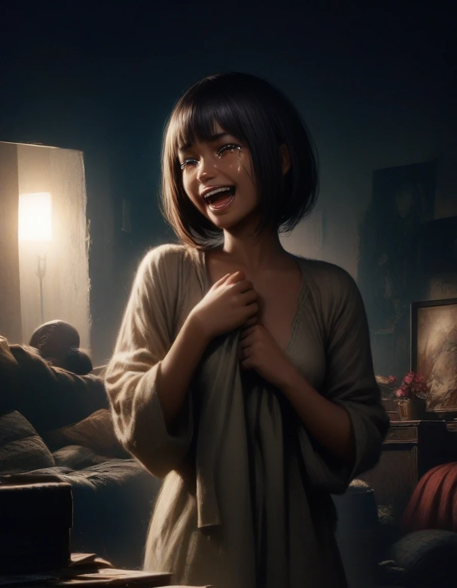 Character: laughing maniacally, beautiful, gorgeous, African american girl, dark skin short bob cut weave, wearing straight jacket, tears of blood, holding her face

Background/scene: night time, messy livingroom, bloom lighting 

Setting: realistic, 4k, fantasy