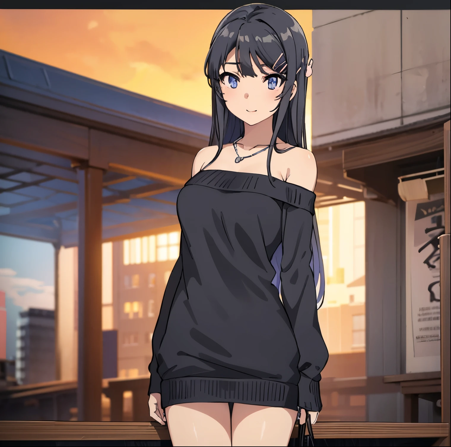 ((1girl)),((alone)),mai sakurajima,(masterpiece), (best quality), (ultra detailed), (best illustration), (best shadow), (absurdities), sharp focus, cowboy shot , dynamic posture looking at the viewer, big breasts, narrow waist, wide hips, wide thighs, round butt, erotic, romantic, (very detailed eyes, lips 1.1), very detailed eyes, eyes, Very detailed face, Very beautiful face, height full, beautiful slim figure, femininity, expressive appearance, elastic big breasts, sexuality, long black hair, bangs, hair barrette, blue eyes, hair barrette, hair ornaments, necklace, jewelry, ((sweater with bare shoulders)), blush, bag, ((neckline)), ((bare shoulders)), closed mouth, dress, collarbone, bangs, ((black sweater)), wedding ring, ((long sleeves)), ( (bare legs)), ((black heels)), defined body, Perfect and beautiful body, perfect and beautiful, closed mouth, smile, happy smile, blushing, (sexy pose: 1.2), ((solo)), standing: 1.3, exterior, streets, city, cityscape, new, moon, forward, ((focus on breasts)), point of view: (from middle), perfect anatomy, perfect hands