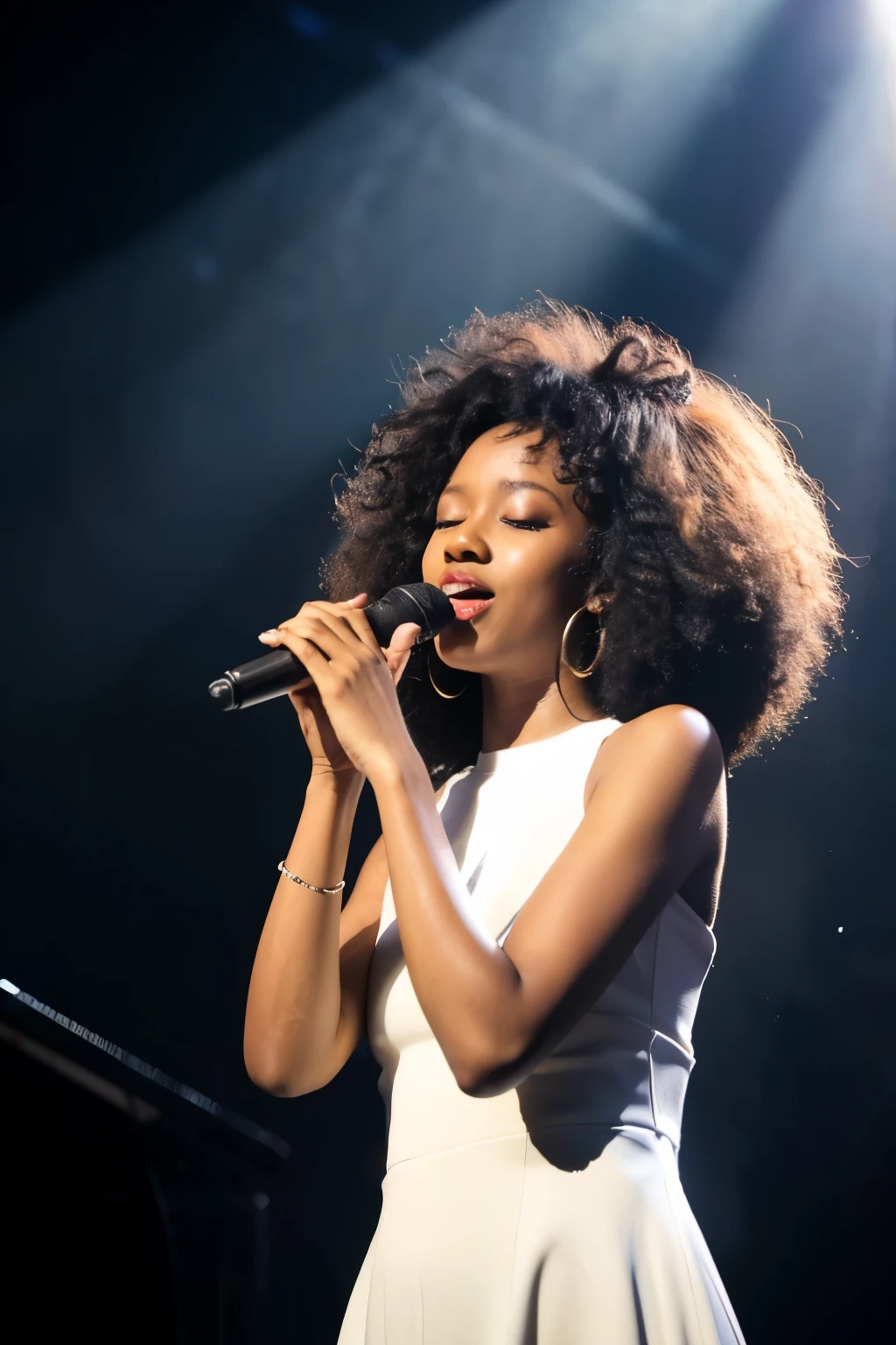 Darkskin black woman in a long white dress singing with a microphone, afro hair, full body photo in front of her, Dramatic, rays of light coming from above behind her (DON&#39;T SENSUALIZE HER)