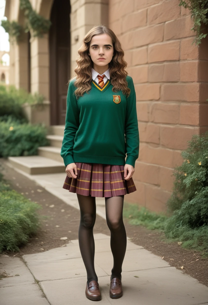 best quality,ultra-detailed,(photorealistic:1.37) of Hermione Granger's full body in Hogwarts uniform,front view,skirt,pantyhose,sweater,Hogwarts background