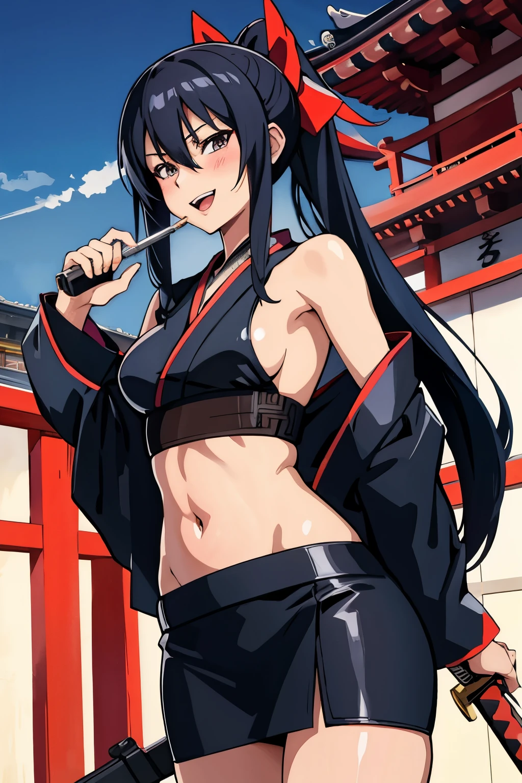 Pitohui_Elza, long hair, assault rifle, holding rifle, smirk, blush, lipstick,Hot girl, baddie, bad attitude, mean girl, crazy, smoking, sensual, attractive , masterpiece, best quality, highly detailed, a anime girl in kimono dress ,holding sword, bare
shoulder,open kimono, evil smile, open mouth, crop top , (nsfw) not safe for work, smile, ecchi anime
style, anime girls, ecchi style, ecchi, digital anime art!!, in anime style, official artwork, visual novel cg,
beautiful anime girl, anime style 4 k, kimono pencil skirt, exposed belly, exposed navel,
exposed midriff, exposed lower belly, outdoor, japanese architecture, temple