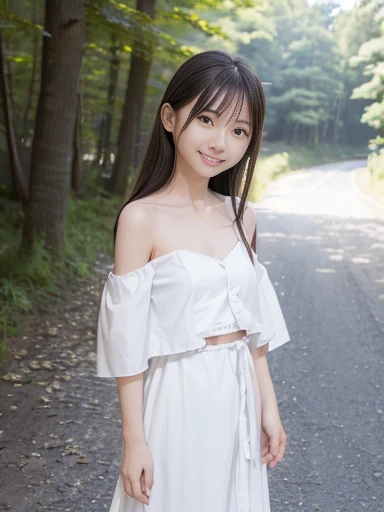 Japanese female, (underweight), (flat chest best quality:1.5), (cheerful grin:1.2),
(lake), walking, long hair, (white dress, off shoulder top), Japanese, on the road, in the forest, hazy atmosphere, from front, high angle shot, sunrise