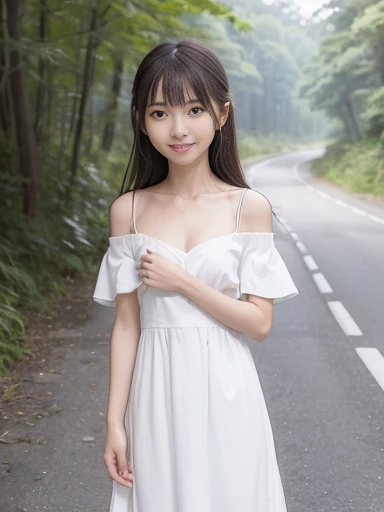 Japanese female, (underweight), (flat chest best quality:1.5), (cheerful grin:1.2),
(lake), walking, long hair, (white dress, off shoulder top), Japanese, on the road, in the forest, hazy atmosphere, from front, high angle shot, sunrise