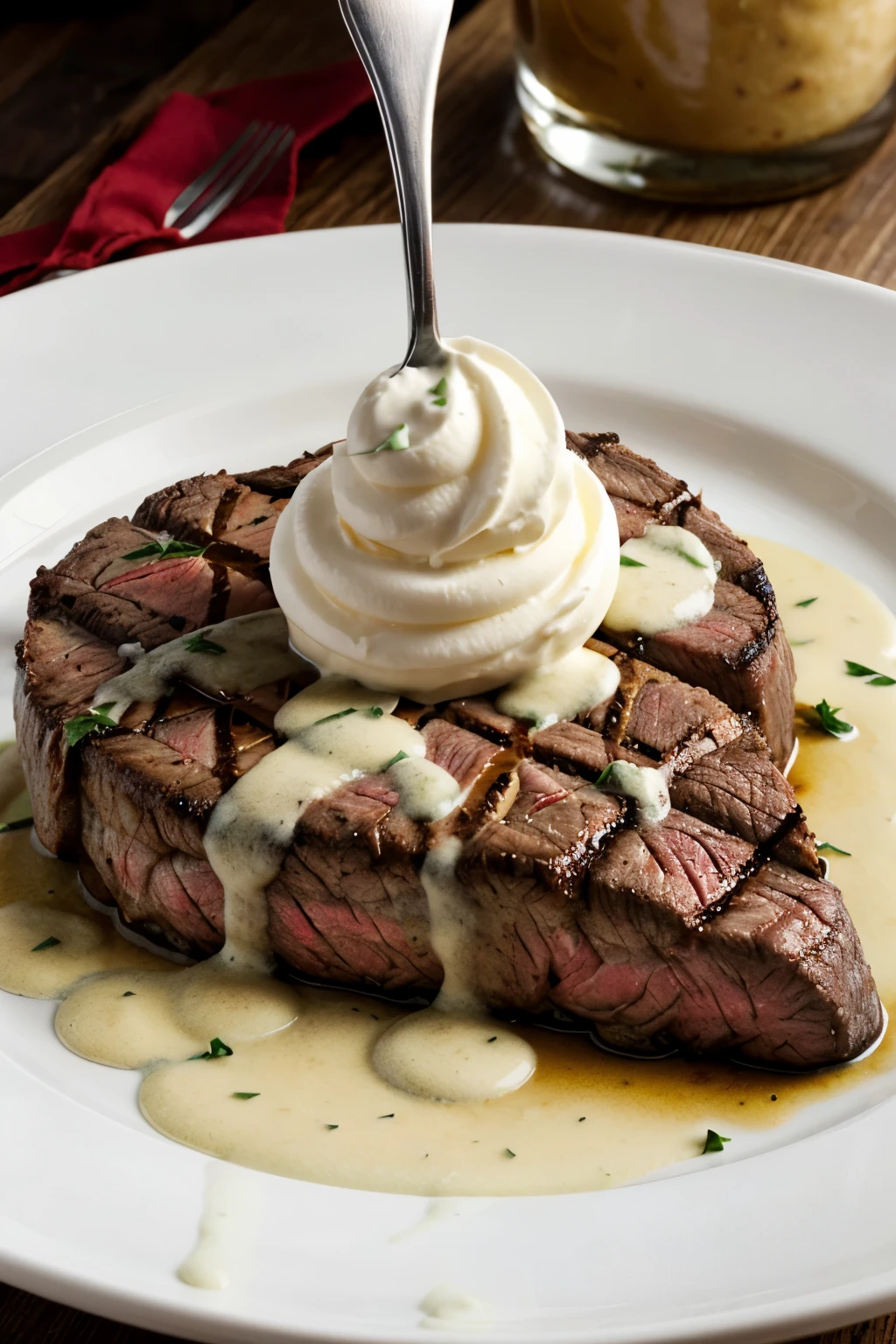 steak with white creamy goo