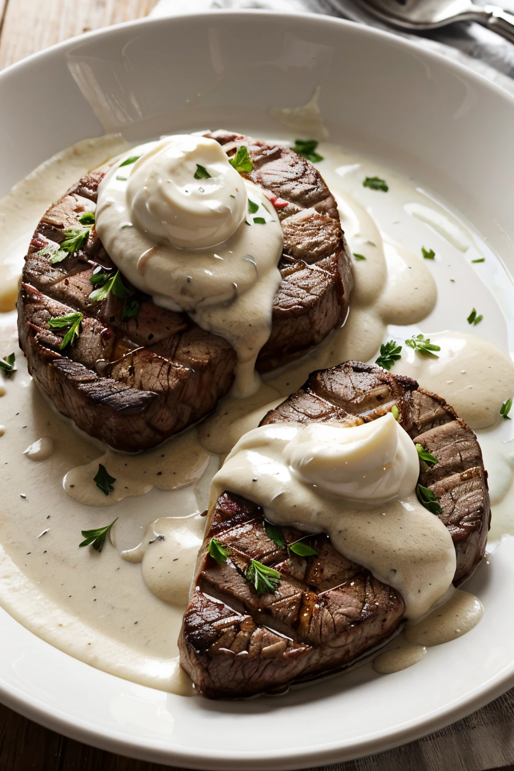 steak with white creamy goo