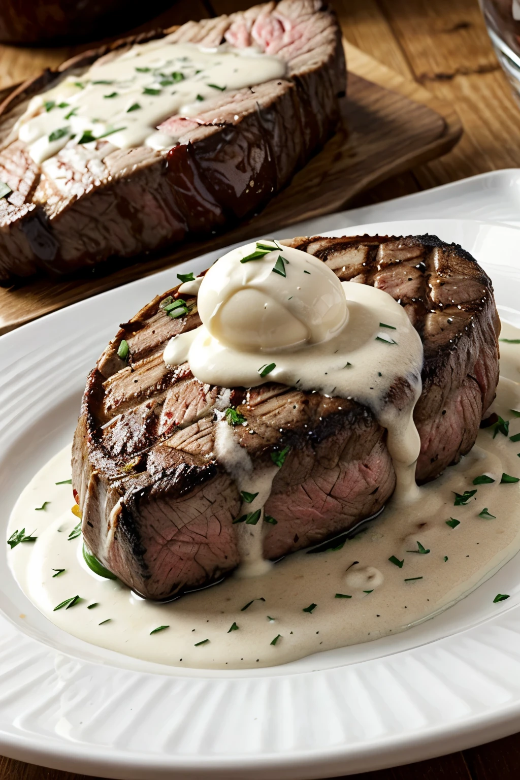 steak with white creamy goo