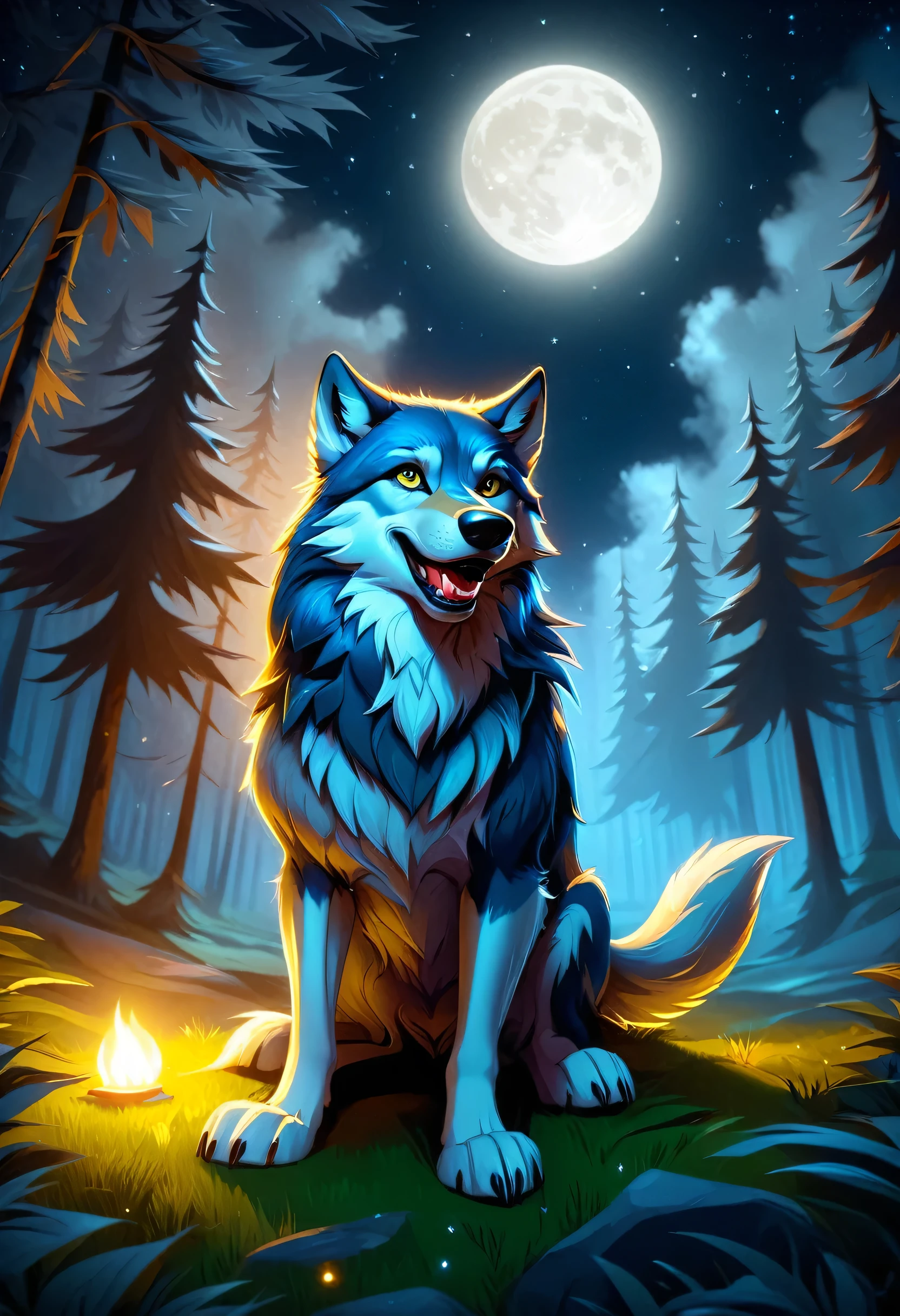 Cartoon wolf sitting in the forest at night under a full moon, ein anthropomorpher Wolf, wolf fursona, pelziger Wolf, an anthropomorpher Wolf, inspired by Caspar Wolf, anthropomorpher Wolf, angiewolf, Order for high resolution, big wolf, Anthropomorphs Wolfsgesicht, female anthropomorpher Wolf, Wolf Companion, fursona art