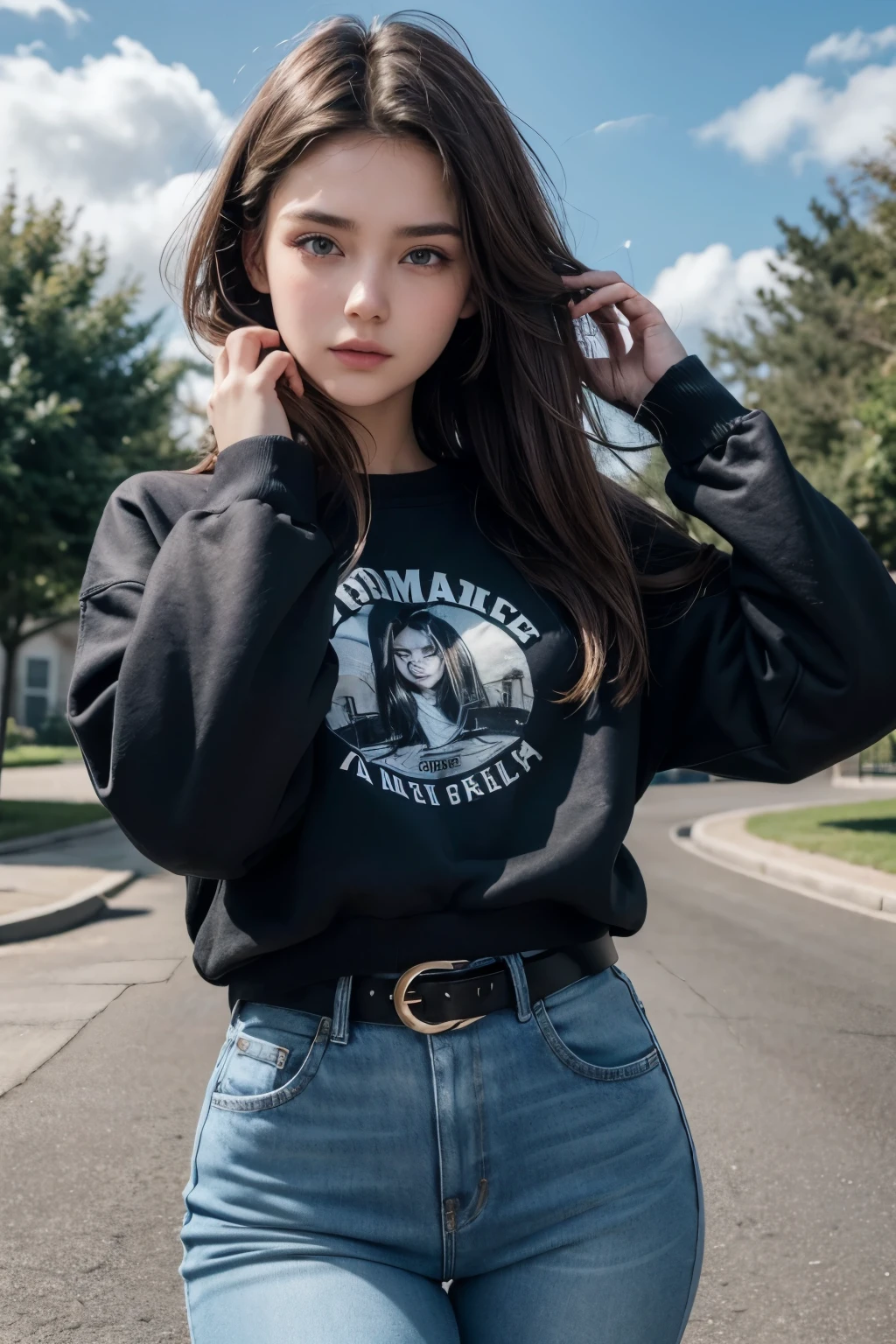 Beautiful 20-year-old brunette girl wearing a sweatshirt and high-waisted jeans and wearing a black belt with her hand on her head