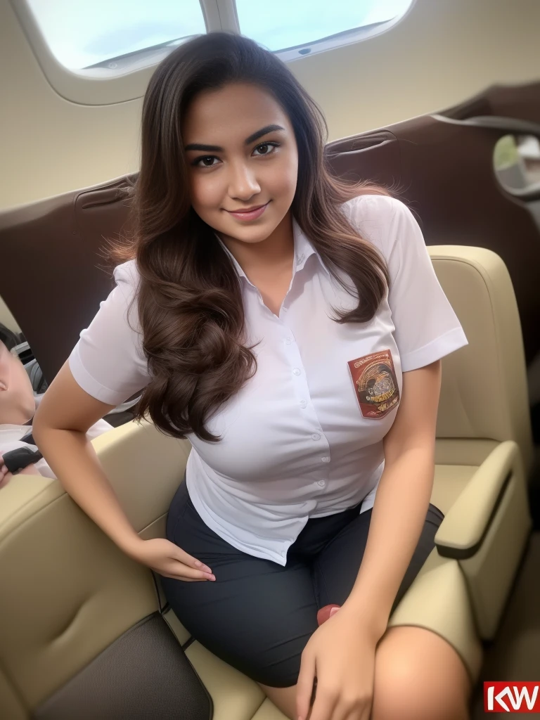 1girl, solo, 19 years old, (uniform), detailed inside commercial airplane, seductive pose, thick medium breasts, fit body, smooth realistic skin, looking at the audience, high angle shot, (overhead view:1.4), (zoom-out:1.3), (8k, RAW photo, best quality, masterpiece: 1.4), (realistic, realistic: 1.37), ultra-high resolution, cowboy shot