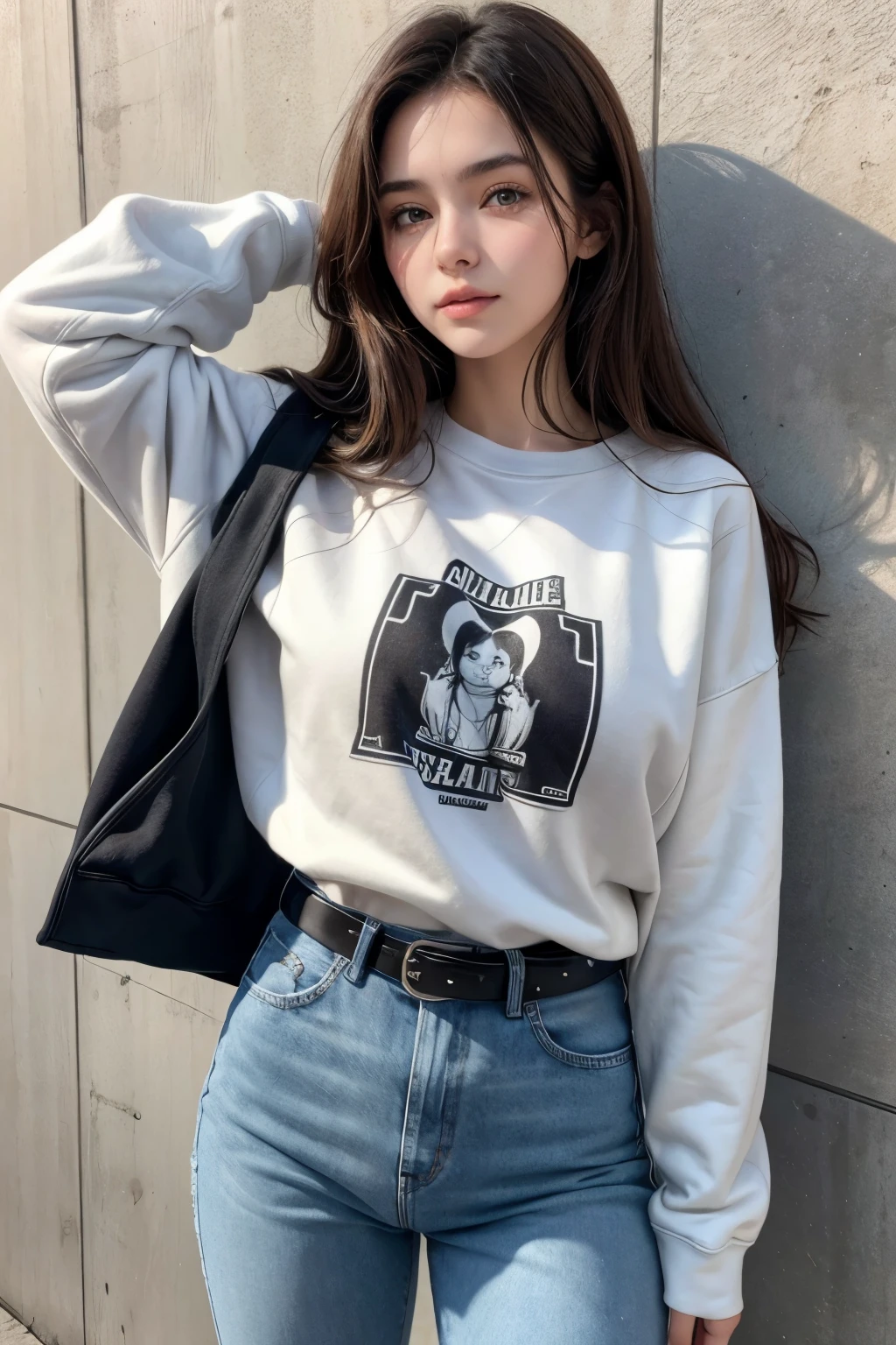 Beautiful 20-year-old brunette girl wearing a sweatshirt and high-waisted jeans and wearing a black belt with her hand on her head