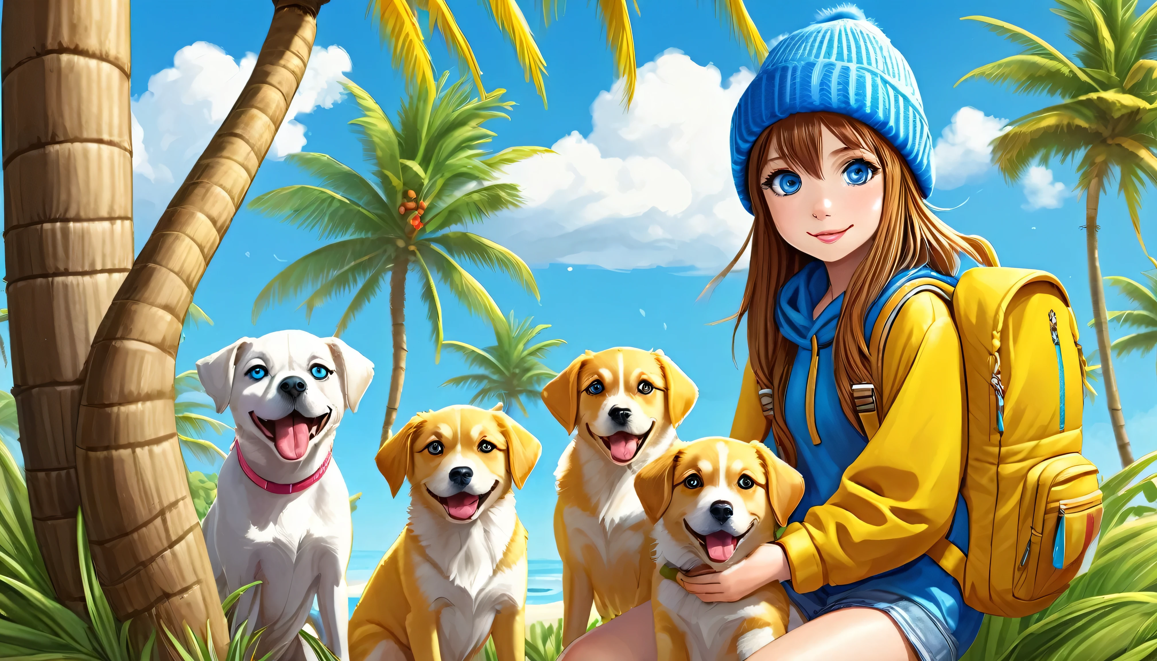 Anime Girls (((Yellow Backpack))) and (((Four dogs in a coconut tree field))), ((((Blue Eyed Girl)))), (((The girl is wearing a beanie hat))), Cute and detailed digital art, Adorable digital painting, ((((Character's front camera)))), Gweiz-style artwork, Realistic Anime 3D Style, Anime Styled 3d, かわいい3DAnime Girlsのレンダリング, Created by Anime Painter Studio, Anime Style. 8k, Art Station Children's Art, Cute girl anime visuals,