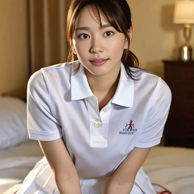 (Masterpiece, Best quality: 1.4), (Ultra realistic, Photo-realistic: 1.2), From above, Full body, Sitting, Looking at viewer, Natural light, 28 years old actress, Japanese women, Neat and clean, ((Wearing white tennis uniform, White short-sleeve polo shirt with collar, Not buttoning the polo shirt, White pleated tennis skirt: 1.3)), (Wearing white sock: 1.1), (Ponytail: 1.2), (Beautiful face), Oval face, clear, Beautiful eyes, Kind eyes, Clear skin, Small face, Beautiful mouth, Small mouth, Natural makeup, Approachable, Seductive smile, (Seductive pose: 1.3), (Beautiful thighs: 1.2), Bedroom eyes, Embarrassed, Blush, Luxury hotel Suite room, On bed,