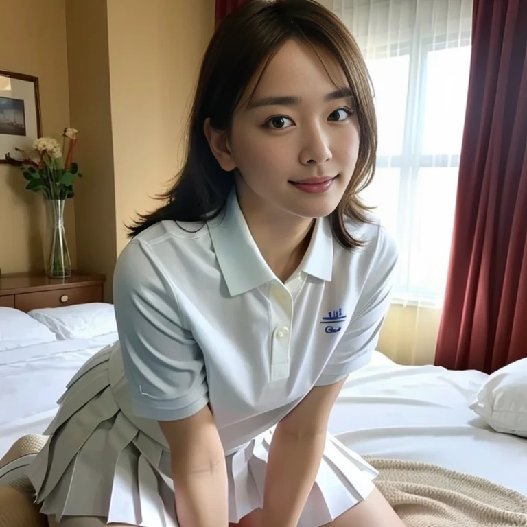 (Masterpiece, Best quality: 1.4), (Ultra realistic, Photo-realistic: 1.2), Full body, (kneeling: 1.3), Looking at viewer, Natural light, 28 years old actress, Japanese women, (arms behind back: 1.2), Neat and clean, (Wearing White Short-sleeve School Sailor suit, Navyblue skirt, Black skirt:1.2), Wearing white sock, (ponytail: 1.2), Light brown hair color, (Beautiful Face), Oval face, clear, (Beautiful eyes, Kind eyes), (Clear skin), Small face, (Small mouth, Beautiful mouth), Natural makeup, Approachable, Hotel Suite room, On bed, (nsfw:1.1), Seductive smile, Seductive pose, Beautiful thighs, Touch pussy, Bedroom eyes, Spread legs,

