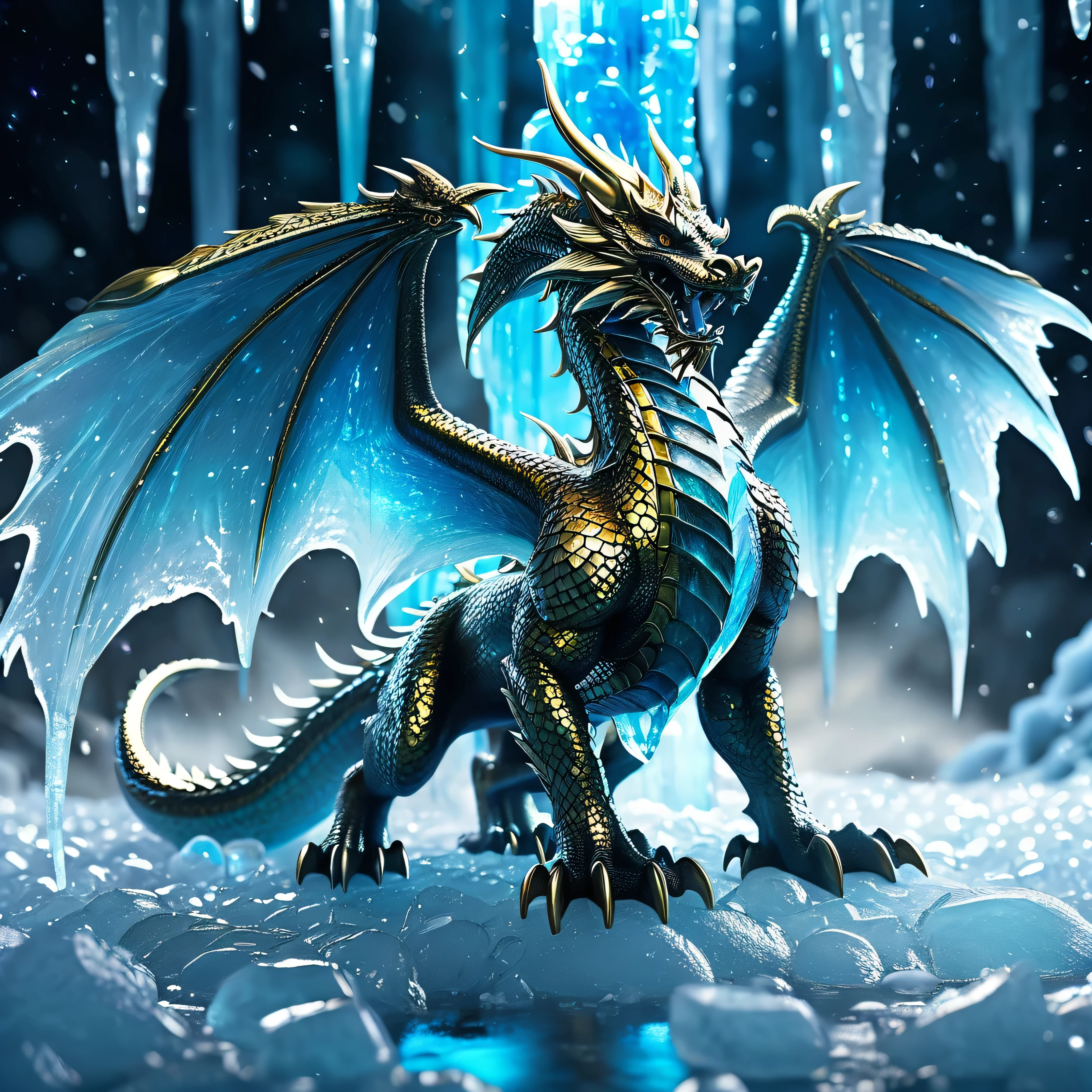 extreme long shot, BREAK, A silver dragon with (2 wings) in an ice cave, ((((ice pillars in the foreground, dragon partially hidden by ice)))), BREAK, ((((large pile of [[[[tiny golden coins]]]], gems, and fantasy weapons)))), BREAK, mystical creature, realistic, ultra detailed, masterpiece, dynamic pose, moonlit through the ice, (luminous mist on the ground)