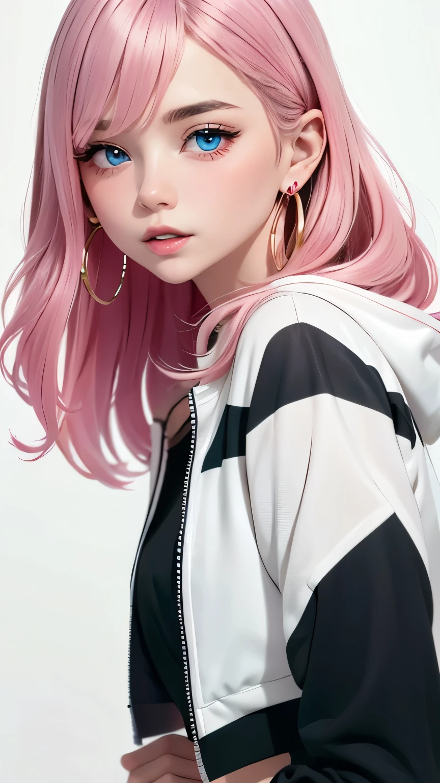 rainbow, One Girl, alone,very cute, Long Hair, View your viewers, Blue Eyes Background, White Background, jewelry, Mouth closed, Jacket, Upper Body, Pink Hair, Earrings, Pink Eyes, necklace, From the side, sweater, lips, eyelash, Compensate, Wavy Hair, Earrings, cross, lipstick, 耳のEarrings, eye shadow, hoop Earrings, ピンクのlips, Variegated eyes, Pink Theme, , ピンクのeye shadow,