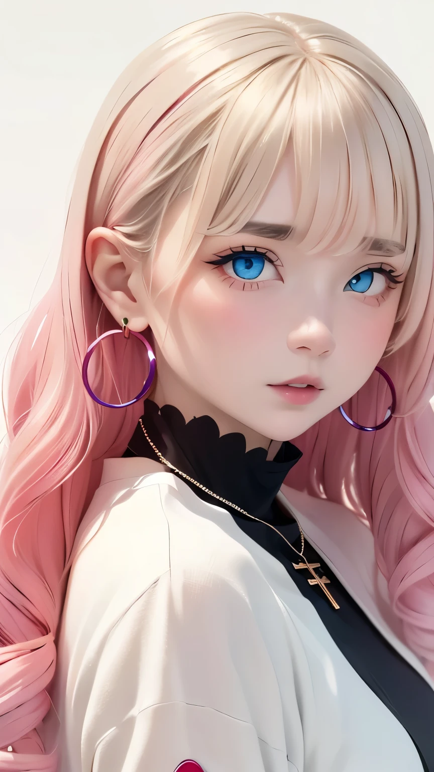 rainbow, One Girl, alone,very cute, Long Hair, View your viewers, Blue Eyes Background, White Background, jewelry, Mouth closed, Jacket, Upper Body, Pink Hair, Earrings, Pink Eyes, necklace, From the side, sweater, lips, eyelash, Compensate, Wavy Hair, Earrings, cross, lipstick, 耳のEarrings, eye shadow, hoop Earrings, ピンクのlips, Variegated eyes, Pink Theme, , ピンクのeye shadow,