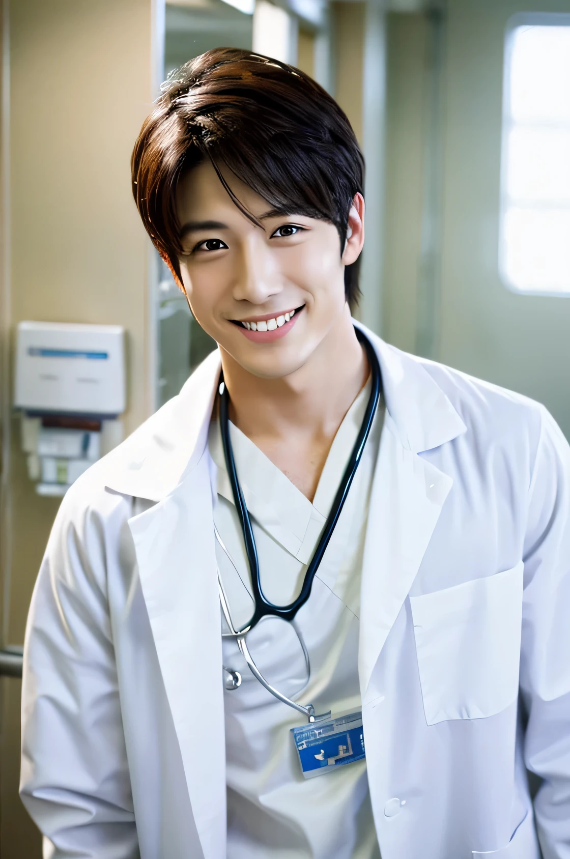 Photorealistic, high resolution, High resolution,Japanese male nurse, Handsome, Idol, Smile, White Lab Coat, whole body, hospital, ward