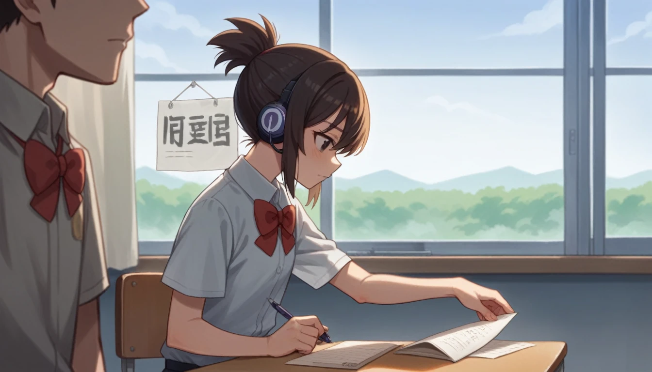 Anime girl sitting at a desk writing with headphones on,Anime scene of a girl sitting at a desk and writing in a notebook, yourname movie style, yourname, Anime movie stills, Anime movie screenshots, Anime movie screenshots, Makoto Shinkai style, Studio Greeble Makoto Shinkai, Today's featured anime is still, Anime still film Anime colored paper, A still from the anime, Scenes from animated movies、8K