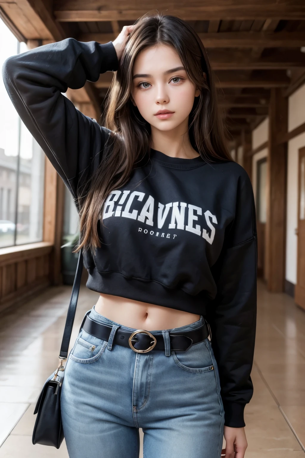 Beautiful 20-year-old brunette girl wearing a sweatshirt and high-waisted jeans and wearing a black belt with her hand on her head