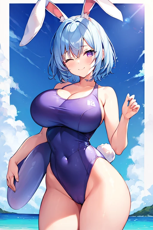 1girl, rabbit ears, light blue hair, very short hair, one eye closed, purple eyes, huge breasts, thick thighs, beach, smile, animal ear fluff, (animal ear fluff), animal ears, hourglass figure, bare legs, one-piece swimsuit, competition swimsuit, blue one-piece swimsuit, red trim,