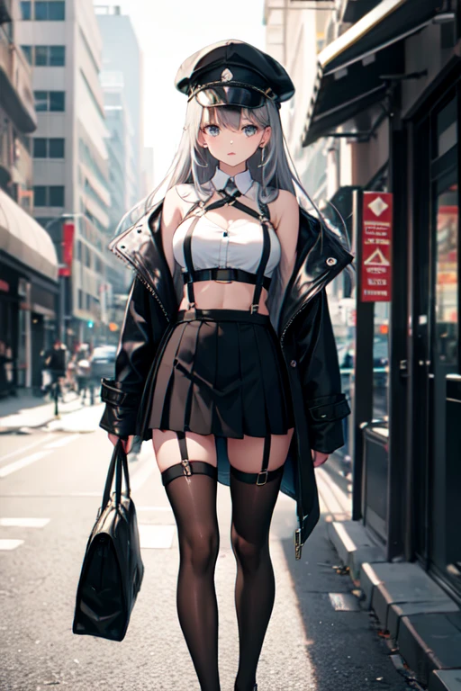 masterpiece, Highest quality, expensive, Clear 2, One girl, Sister Claire, only, Long Hair, Open clothes, Black Skirt, Black Stockings, Long sleeve, Chest Harness, Open jacket, Black Shirt, Both sides up, black overcoat jacket, fringe, Crop top, mini skirt, shoes, Have, O-ring, abdomen, Black and white hair, Different colored eyes, Off the shoulder, Big Breasts, Thigh straps, Pleated skirt, Suspenders o eyes, Perfect Eyes, Cropped shirt, street, Are standing、hat、Silver Hair
