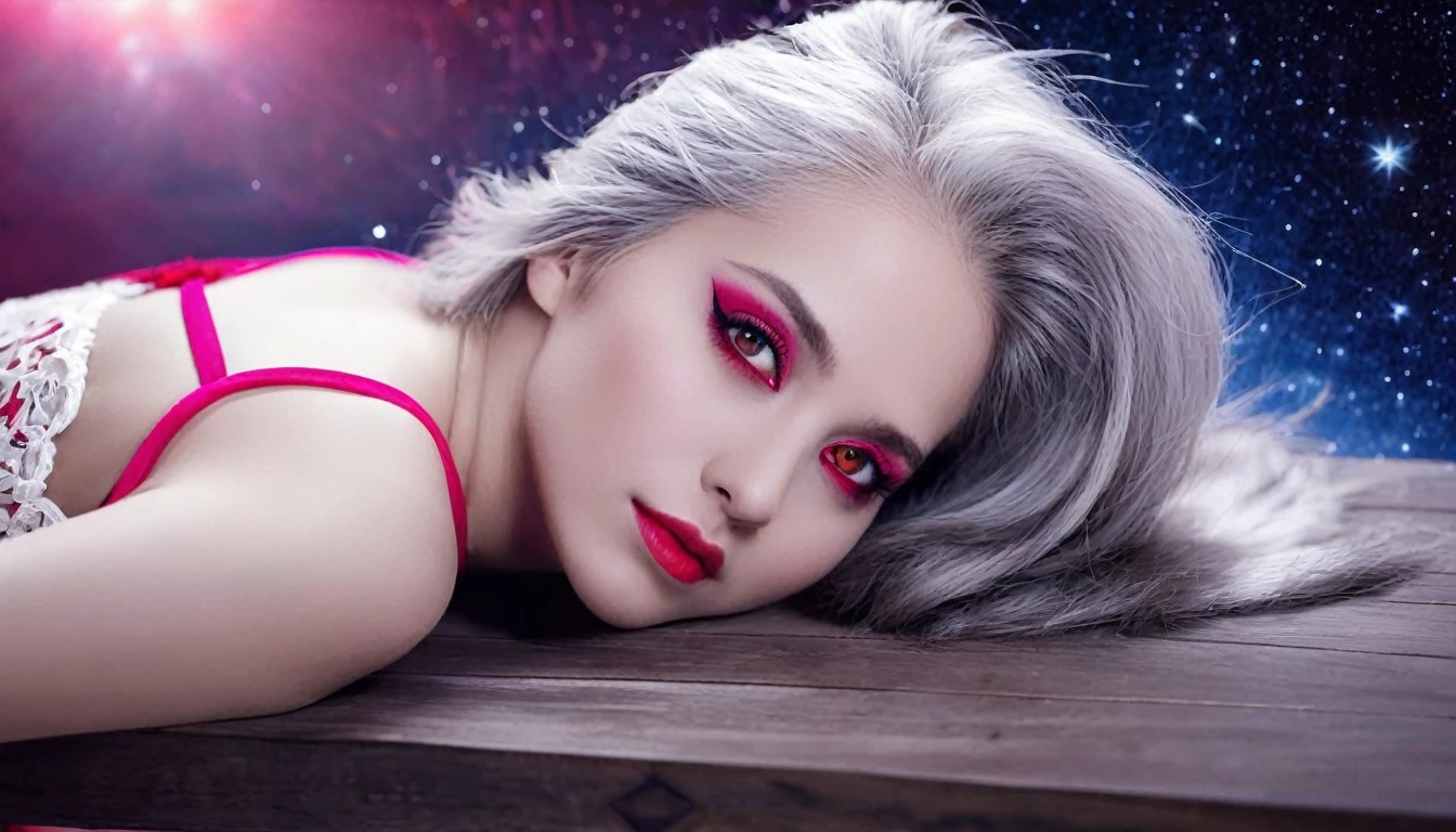 Be a pink-skinned girl, Beautiful Eyes (Red eyes) Deep as the night sky, Half a sad face lying on a table, Gray Hair, I'm watching you, In anime/Semi-realistic art style
