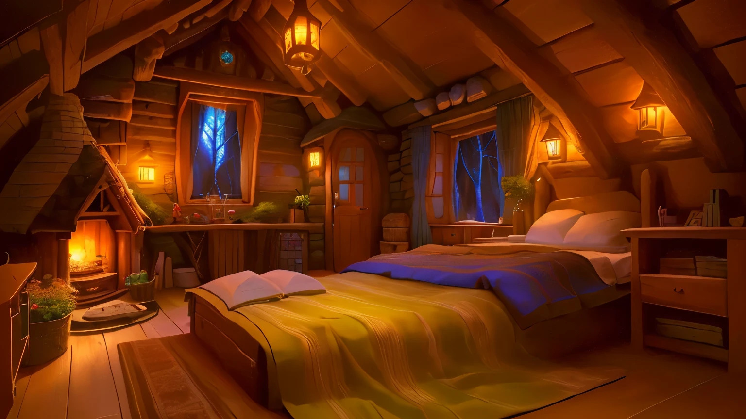 airy room with fireplace and a bed, cozy room, cozy envirnment, in your hobbit house, inside a hobbit hole, cozy and peaceful environment, cozy place, Room at Ghibli Studio, fourth style RPG creator, Personal room background, magical atmosphere, cozy treehouse bedroom, thomas kinkade. cute cozy room, in a cabin, cozy and calm