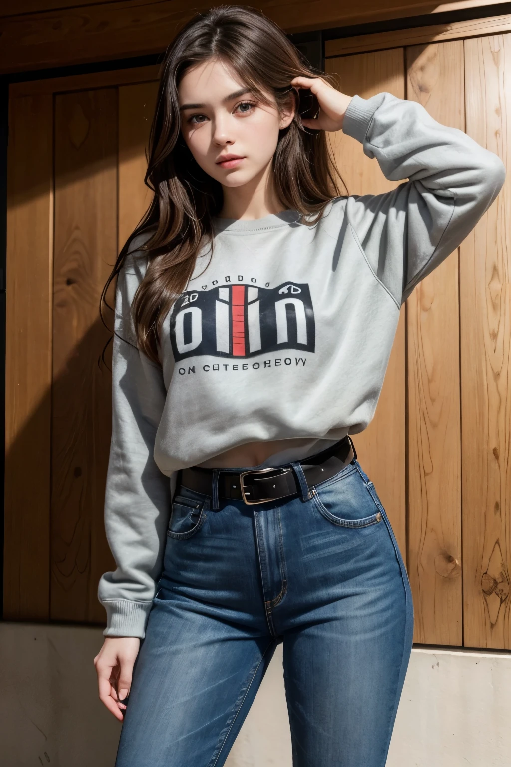 Beautiful 20-year-old brunette girl wearing a sweatshirt and high-waisted jeans and wearing a black belt with her hand on her head