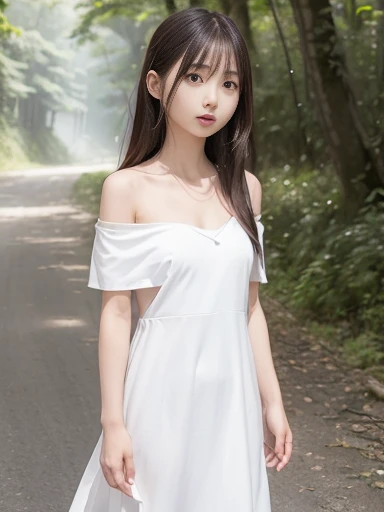 Japanese female, (underweight), (flat chest best quality:1.5), (Yawn:1.2),
(lake), walking, long hair, (white dress, off shoulder top), Japanese, on the road, in the forest, hazy atmosphere, from front, high angle shot, sunrise