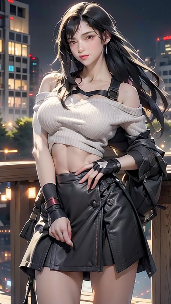 perfect eyes:1.2, detailed eyes:1.4, serious, hand on hip, night, city, metTifa, red eyes, large breasts, low-tied long hair, earrings, cropped sweater, blue sweater, off-shoulder, short sleeves, suspender skirt, elbow gloves, armored legwear, medium full shot, thigh-level shot, 1girl,(masterpiece:1.6, best quality),
