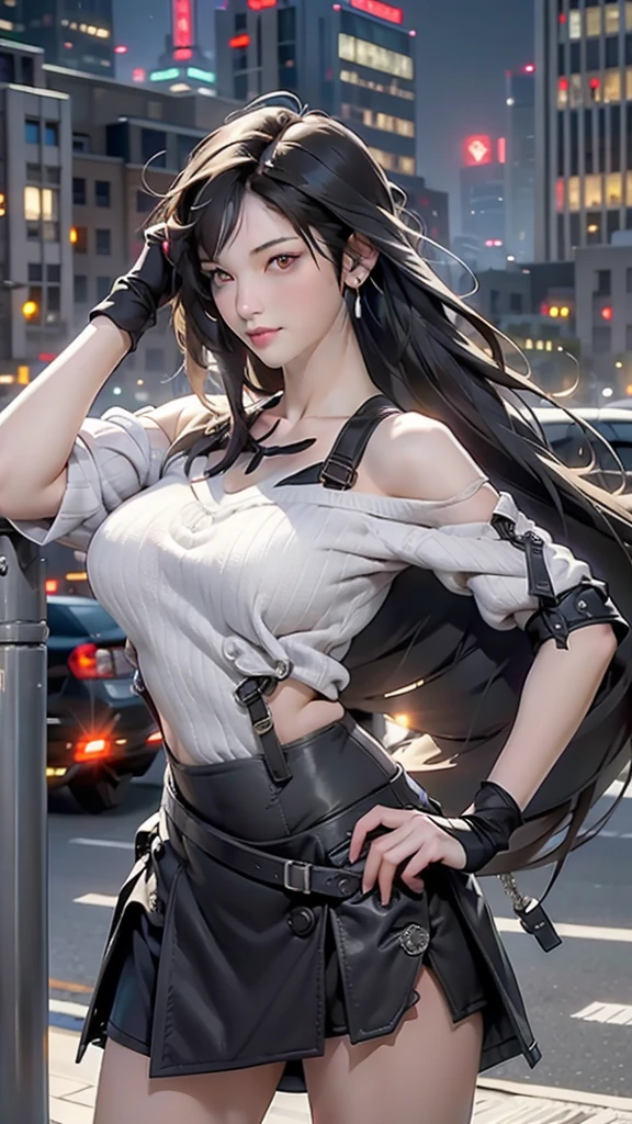 perfect eyes:1.2, detailed eyes:1.4, serious, hand on hip, night, city, metTifa, red eyes, large breasts, low-tied long hair, earrings, cropped sweater, blue sweater, off-shoulder, short sleeves, suspender skirt, elbow gloves, armored legwear, medium full shot, thigh-level shot, 1girl,(masterpiece:1.6, best quality),
