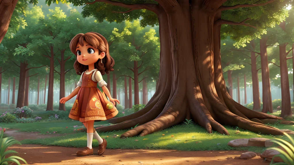 1 girl with brown hair and brown dress, tocando el tronco de un big tree en un bosque. illustrative of disney, (Best Quality, 4k, 8k,High resolution, masterpiece:1.2) Bright trees background., enchanted atmosphere, colors, fantasy elements, Sun rays,. Great composition with great detail and colors, big tree, , Retailer, Disney, colorful magical tree details, details on face, Outstretched hand, details on hand and arms, detailed body, large eyes, side view