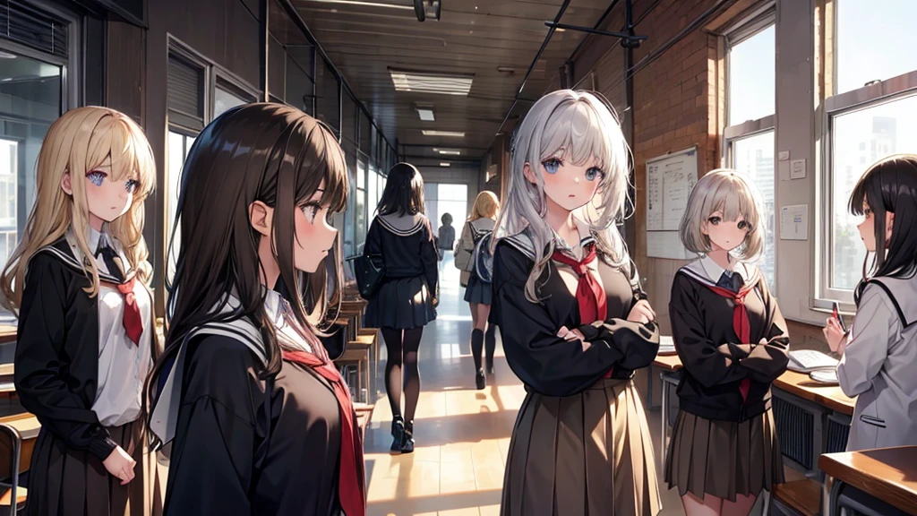 five girls, school, class, (black hair), blond, ((light brown)), standing, silver

