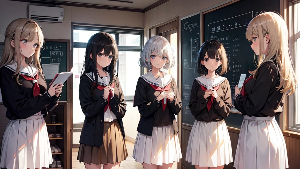 five girls, school, class, (black hair), blond, ((light brown)), standing, silver
