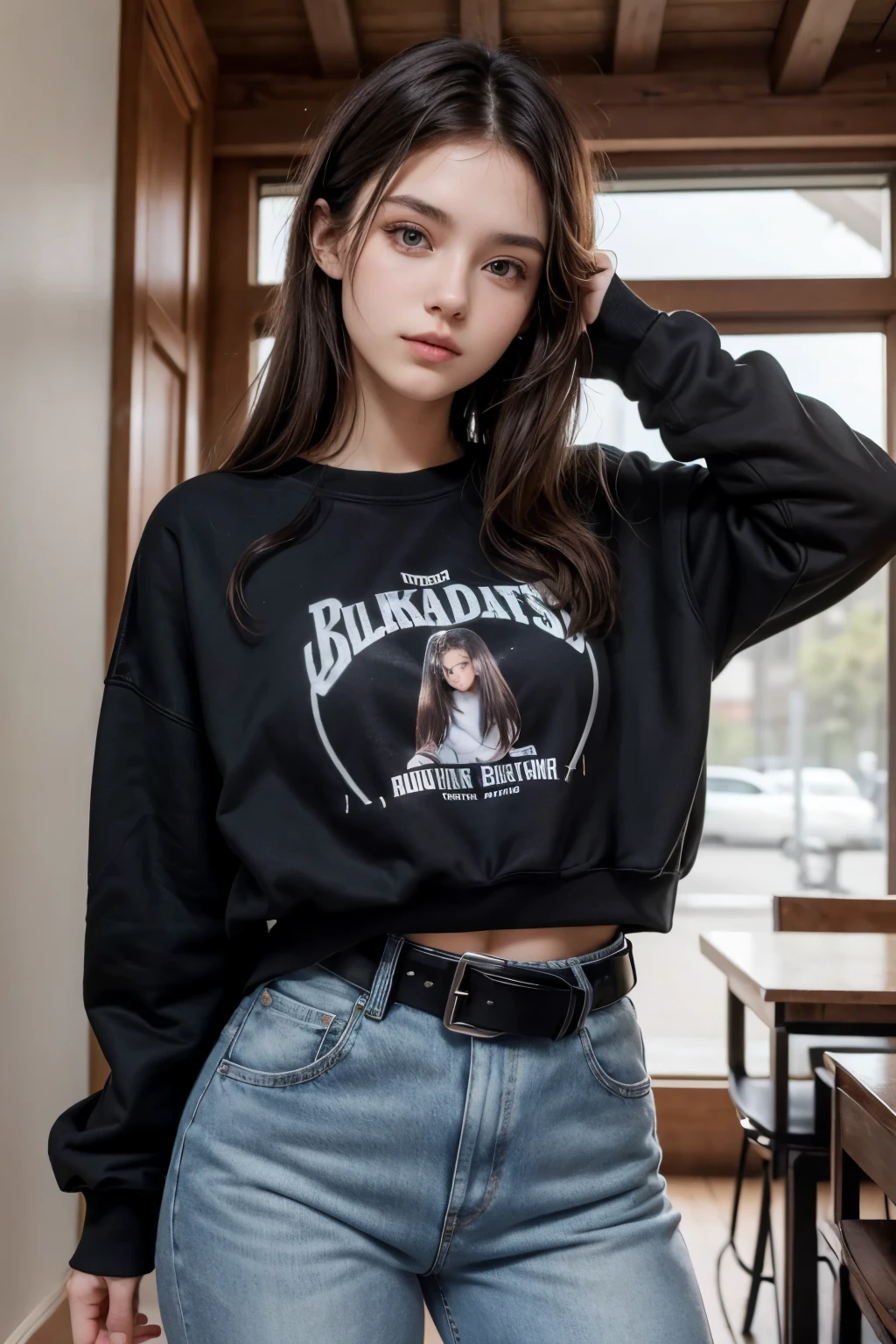Beautiful 20-year-old brunette girl wearing a sweatshirt and high-waisted jeans and wearing a black belt with her hand on her head