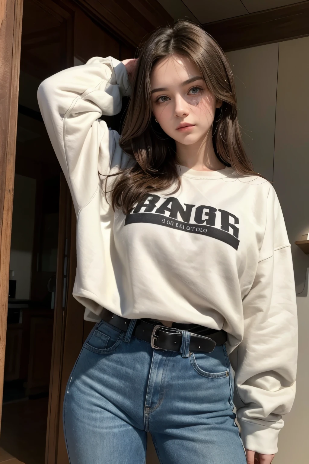 Beautiful 20-year-old brunette girl wearing a sweatshirt and high-waisted jeans and wearing a black belt with her hand on her head