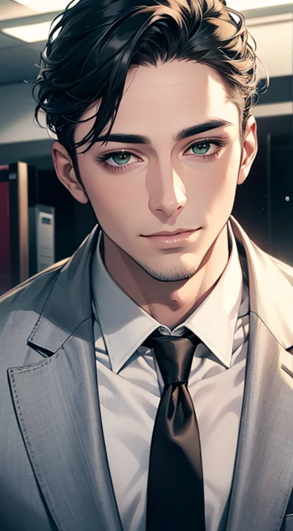 (Highest quality,4K,8K,High resolution,masterpiece:1.2),Super detailed,(Realistic,photoRealistic,photo-Realistic:1.37),1 person,34 years old,Mature Men,Beautiful skin、very handsome,Expressionless smile in love,Short gray Black hair,green eyes,Sharp Eyes,A perfect face without a doubt,Businessman, CEO, Office Background,Cinema Lighting,HDR image,tie、