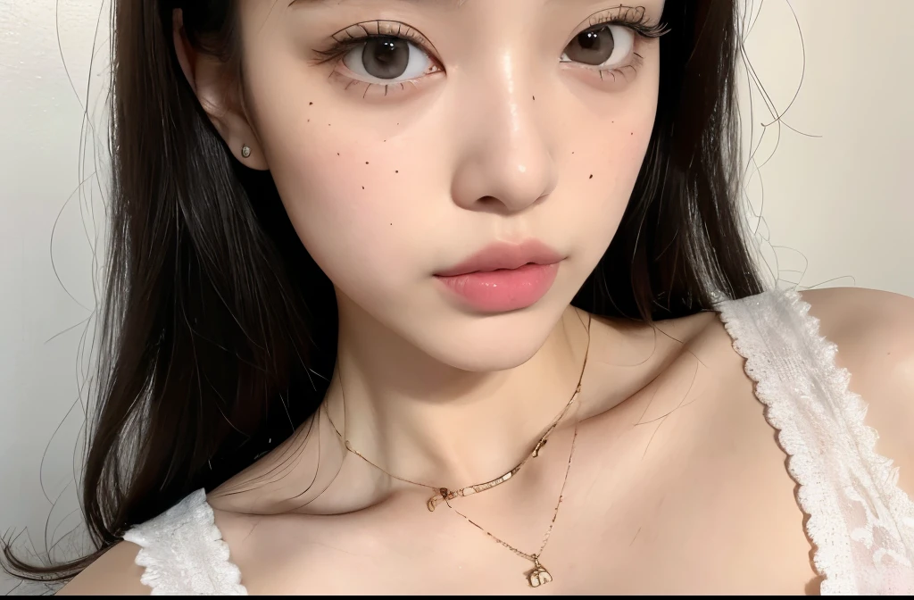 Kim Jennie with black hair, with curls, Brown eyes, pretty eyes, He, pretty lips, pink lips, Heart and cupid shaped lips, beautiful skin, pale white skin, with moles and freckles all over his face, soft pink blush on cHeeks, douyin makeup, popular korean makeup, with a necklace, while wearing a white shirt, with summer shorts, thin abdomen, (big breasts, deep neckline), VHS style photo, old painting, autophoto, looking to tHe camera