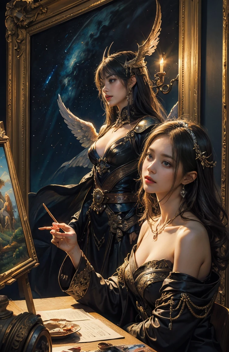 (Tabletop, Highest qualityの, (((((woman)))))、Highest quality, Official Art, (beautifully、beautiful:1.4), (Oil painting:1.4) ),((male)) (lucifer), God of Japanese God Stories々々, fleeting beauty, A mysterious god illuminated by the starry sky, Winged Angel、god'Grace, Calm and thoughtful expression, Flowing Heavenly Robe, Dazzling silver stars light up the night view, Dance of shadows and lights, Whispers of Ancient Legends、Very slender、