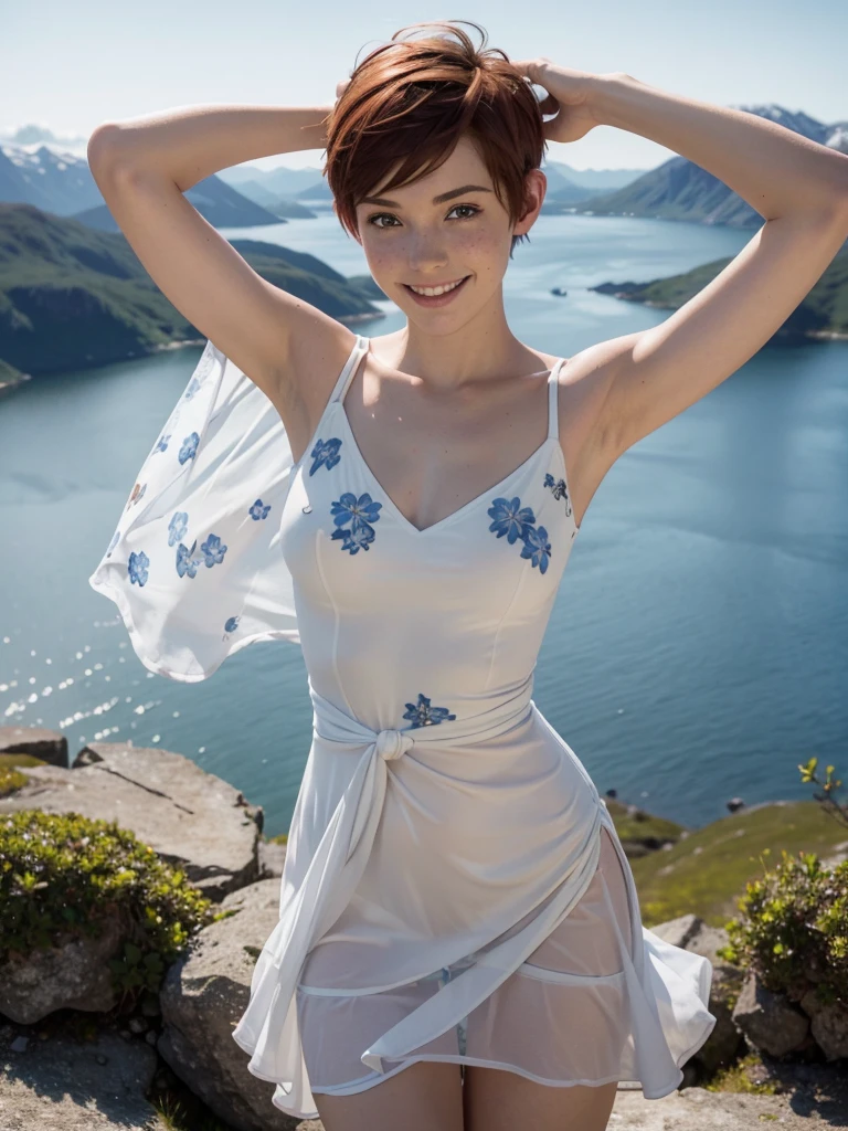 slim feminine figure, redhead, freckles, best quality, realistic skin texture, photography, detailed facial features, film grain texture and high contrast, extremely high-resolution details, photographic, photorealistic, hyper-realistic, HDR, masterpiece, ((short pixie hair)), a white flowy summer dress ((with lots of blue flower prints and a v-neck)), standing on view point in the Norwegian mountains with a magnificent view, very happy, smiling, arms out in the air, celebrating, (thin waist), (wide hips), ((small to medium firm round breasts))