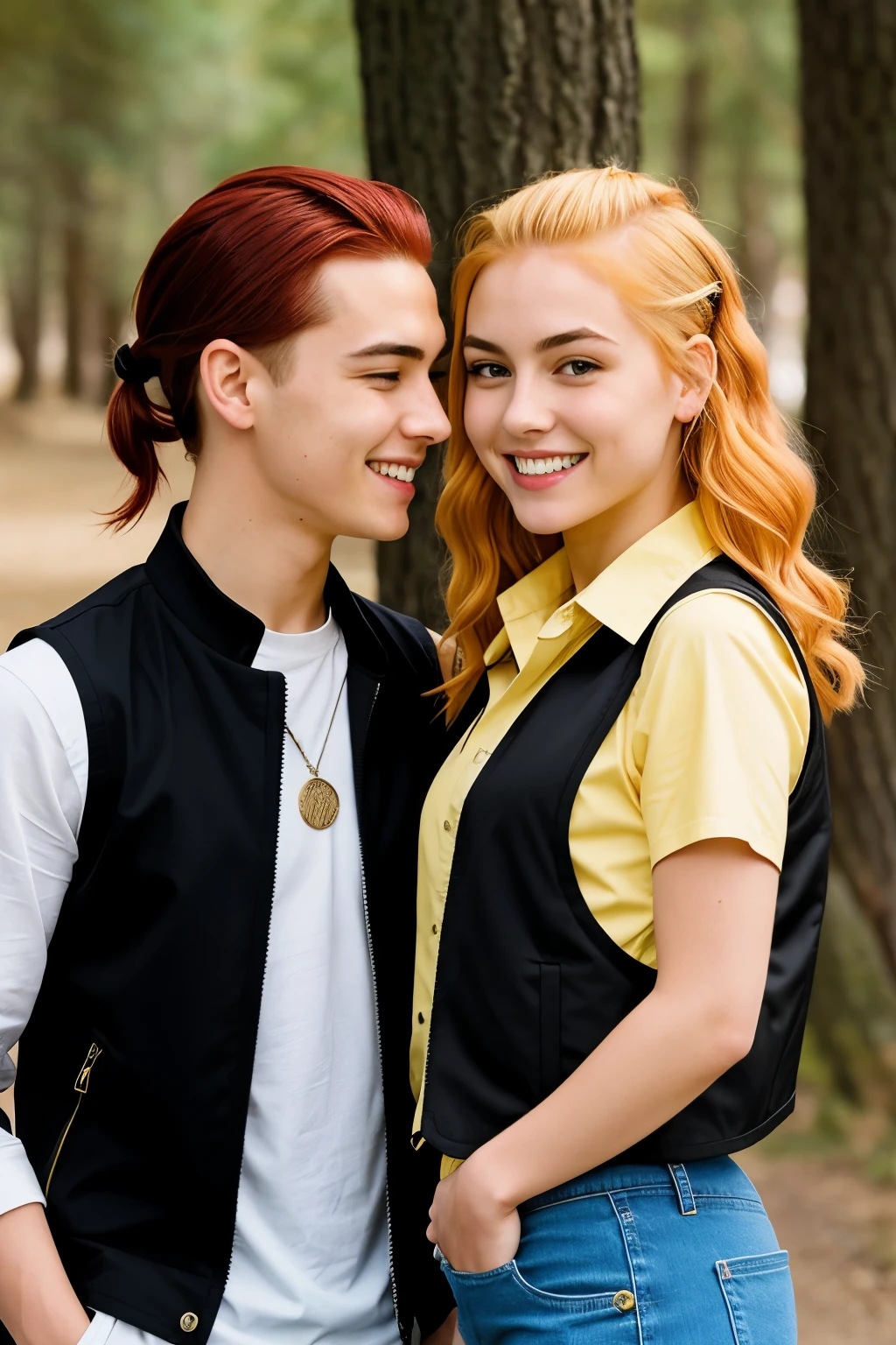 Generate a realistic but anime image with sharp features of a girl with yellow hair,eyes, eyebrow wearing an emblem with a black vest and trouser with boots and a boy with red hair,eyes and eyebrows wearing the same as the girl but male clothes. The girl has wavy hair and the boy has slicked back tossed hair. They are facing and smiling at each other in an attractive way.