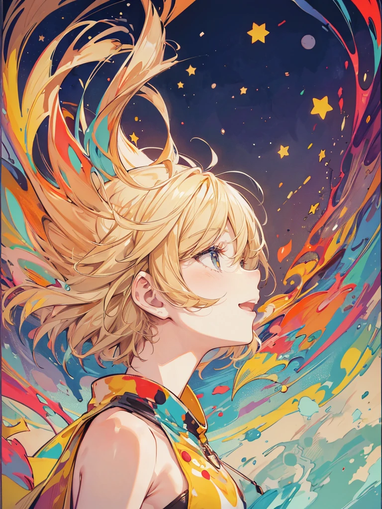 Profile of a cheerful blonde short-haired girl, side boob exposed　Screentone processing　Looking up at the moon　Shaded painting style　Abstract Painting　Colorful Processing