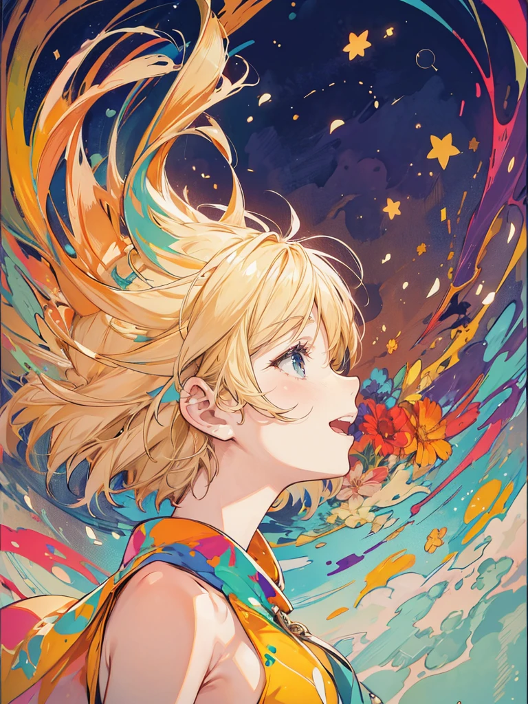 Profile of a cheerful blonde short-haired girl, side boob exposed Screentone processing Looking up at the moon Shaded painting style Abstract Painting Colorful Processing