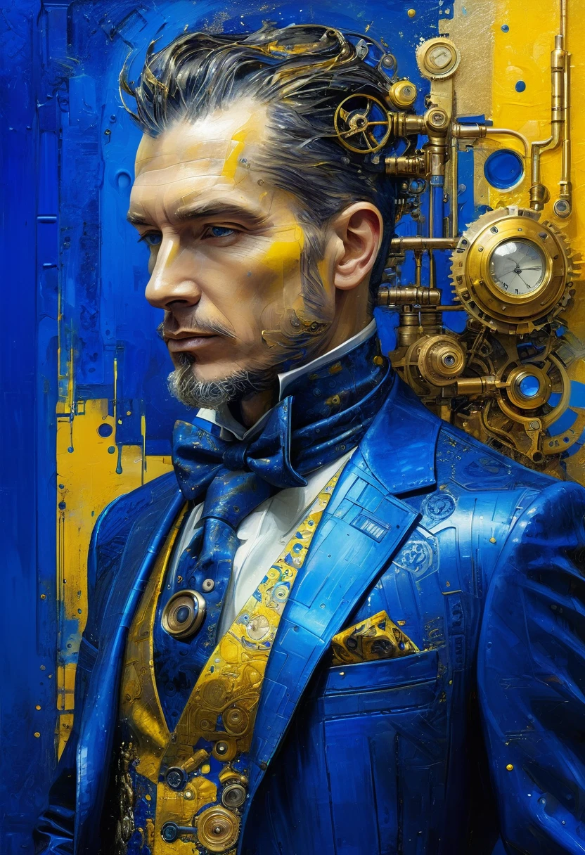 Hacked dude, man with steampunk implants, futuristic vintage biomechanics, royal blue, golden yellow, blue and yellow painting with high relief texture, 4D, 8k, high tech, futuristic, ornamental photorealism, abstract impressionism, art por Jeremy Mann