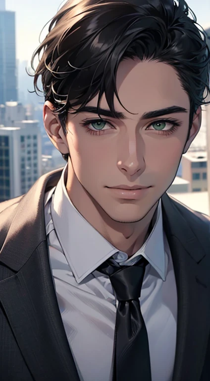 (Highest quality,4K,8K,High resolution,masterpiece:1.2),Super detailed,(Realistic,photoRealistic,photo-Realistic:1.37),1 person,34 years old,Mature Men,Beautiful skin、very handsome,Expressionless smile in love,Short gray Black hair,green eyes,Sharp Eyes,A perfect face without a doubt,Businessman, CEO, Office Background,Cinema Lighting,HDR image,tie、