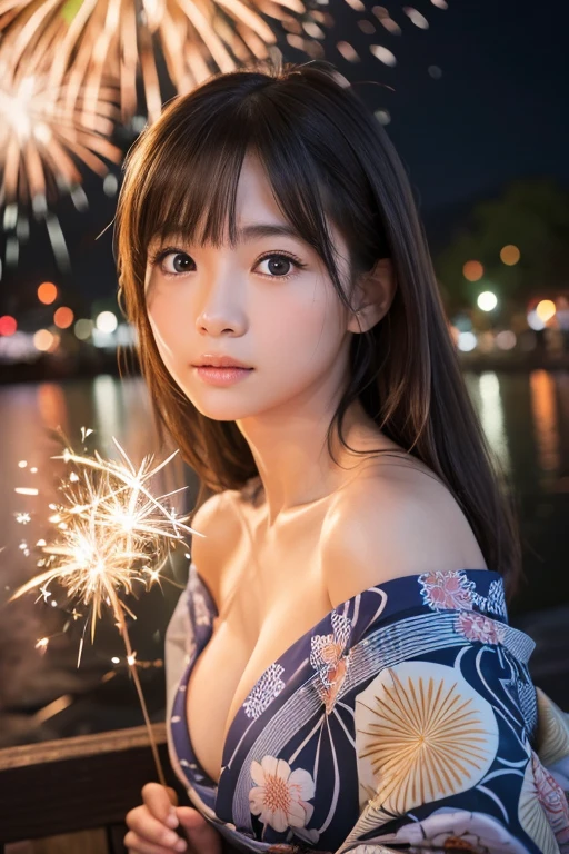 ((yukata))、((Off the shoulder))、((Cleavage))、View your viewers、Anatomically completely correct:1.4, 5. Beautiful Fingers:1.4, 
日本人の15 years oldの女の子1人, , Accurate eye position, Very white skin, blush, Shyly, , Open the mouse a little, 
Cute eyes, Brown Hair, , Hilarious, LOL, 
(Japanese sparklers within reach:1.2), 
(Pointing fireworks at the audience:1.2), 
squat:1.2, 淡い色合いのyukata:1.4, 
Non-nipples:1.2, [Cleavage], 
Viewers looking down:1.2, From the side, From below, 
Riverside Park, 
 8km Destruction Race, RAW Photos, Highest quality, masterpiece, Realistic, PhotoRealistic, Highly detailed 8K wallpapers, Beautiful and detailed eyes, Detailed painted face, pov shot, 