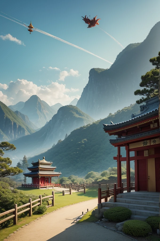 Draw a landscape background with a shrine in the middle and a dragon flying above the shrine 