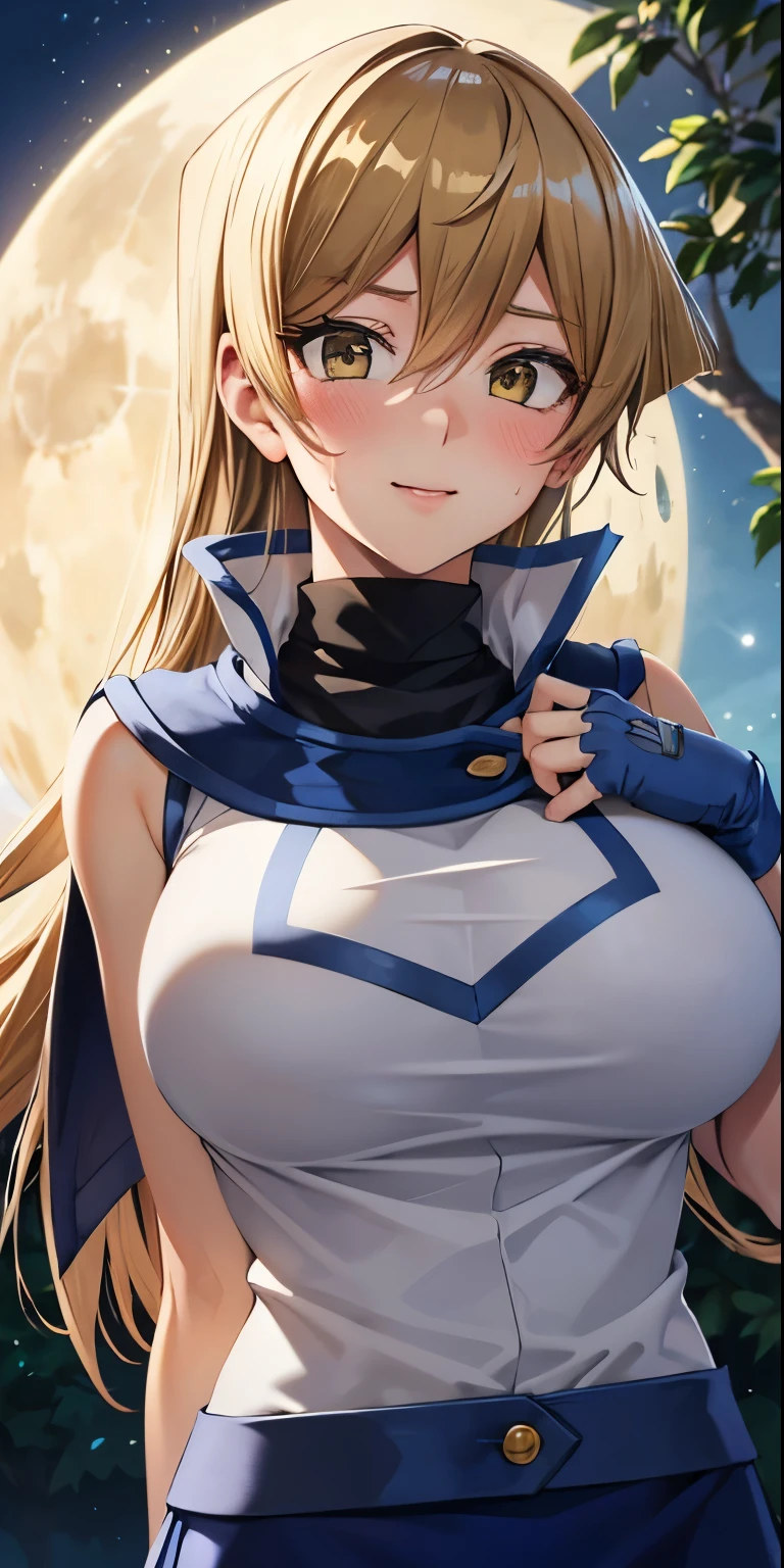 1 Female,High definition,high resolution,Ultra-realistic,8K, 8K, ta1,blonde hair,long hair,yellow eyes, white jacket, sleeveless, blue skirt,tight skirt , miniskirt,fingerless gloves,European,sexy,Upper body close-up,Photographed from the front,Dynamic Angles,(blush), big tits , happy, wink the eye,facial, sweat,multicolored hair , outdoors, moonlight, night ,leaf , windy,tree background 