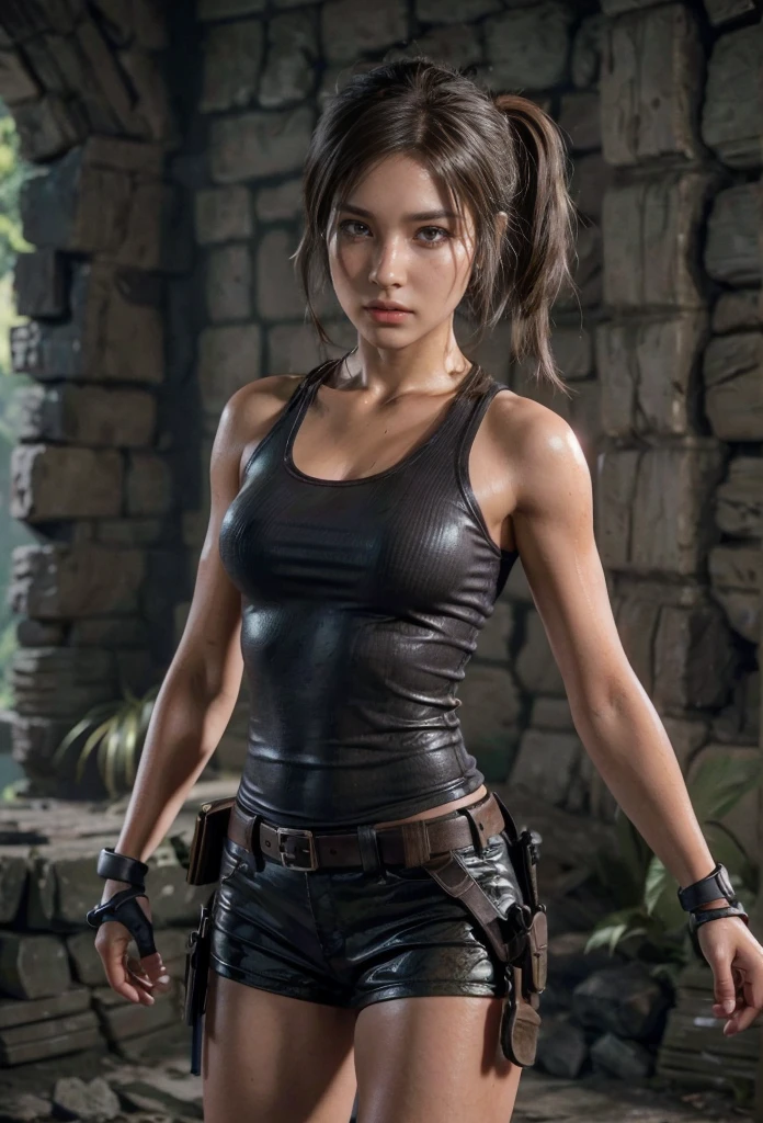 Lara Croft, eyes browns, (best qualityer, ultra detali), (realisitic:1.37), beautiful and detailed face, ultra-realisitic texture, 精致的面容, Delicate body, red lipgloss stick, shiny colors. High definition, 8k.